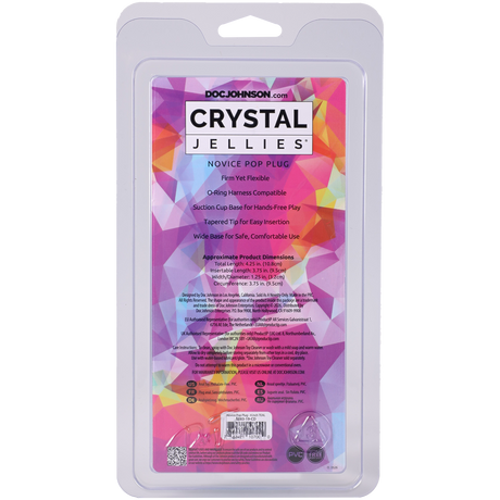 Crystal Jellies Novice Pop Plug 4 Inch Teal packaging with details about features and usage.