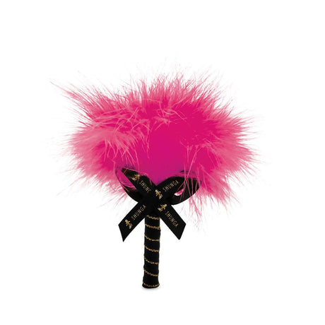 Shunga Kissable Body Powder Raspberry Filling 2.65 Oz pink feather applicator with black ribbon for teasing and caressing skin