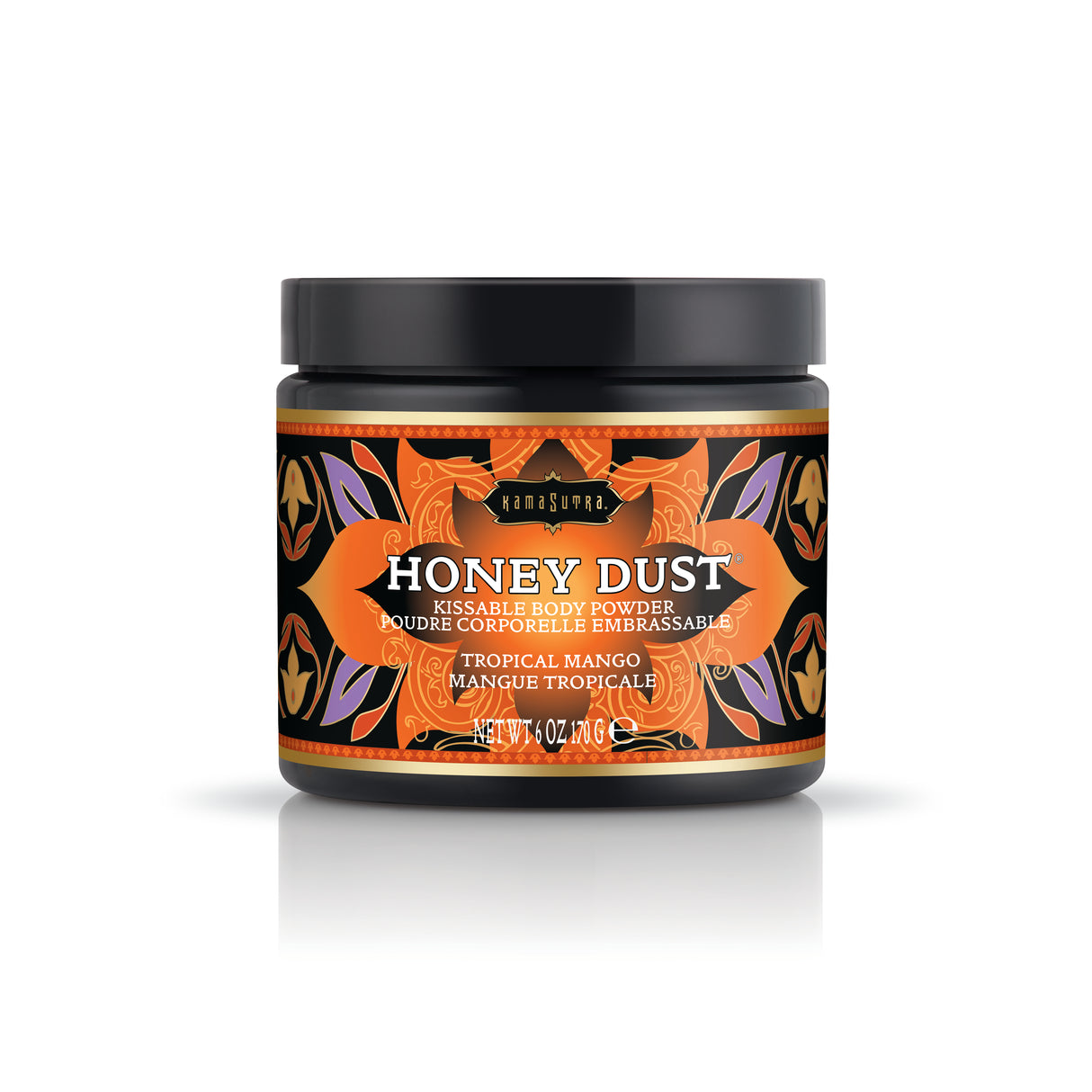 Kama Sutra Honey Dust Tropical Mango 6 Oz body powder jar with vibrant packaging and kissable body powder description.