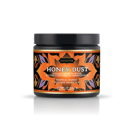 Kama Sutra Honey Dust Tropical Mango 6 Oz body powder jar with vibrant packaging and kissable body powder description.