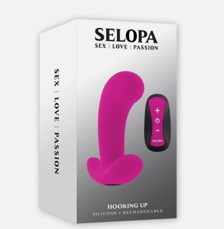 Selopa Hooking Up Remote Control Anal Plug Pink packaging with a silicone anal plug and remote control for pleasure.