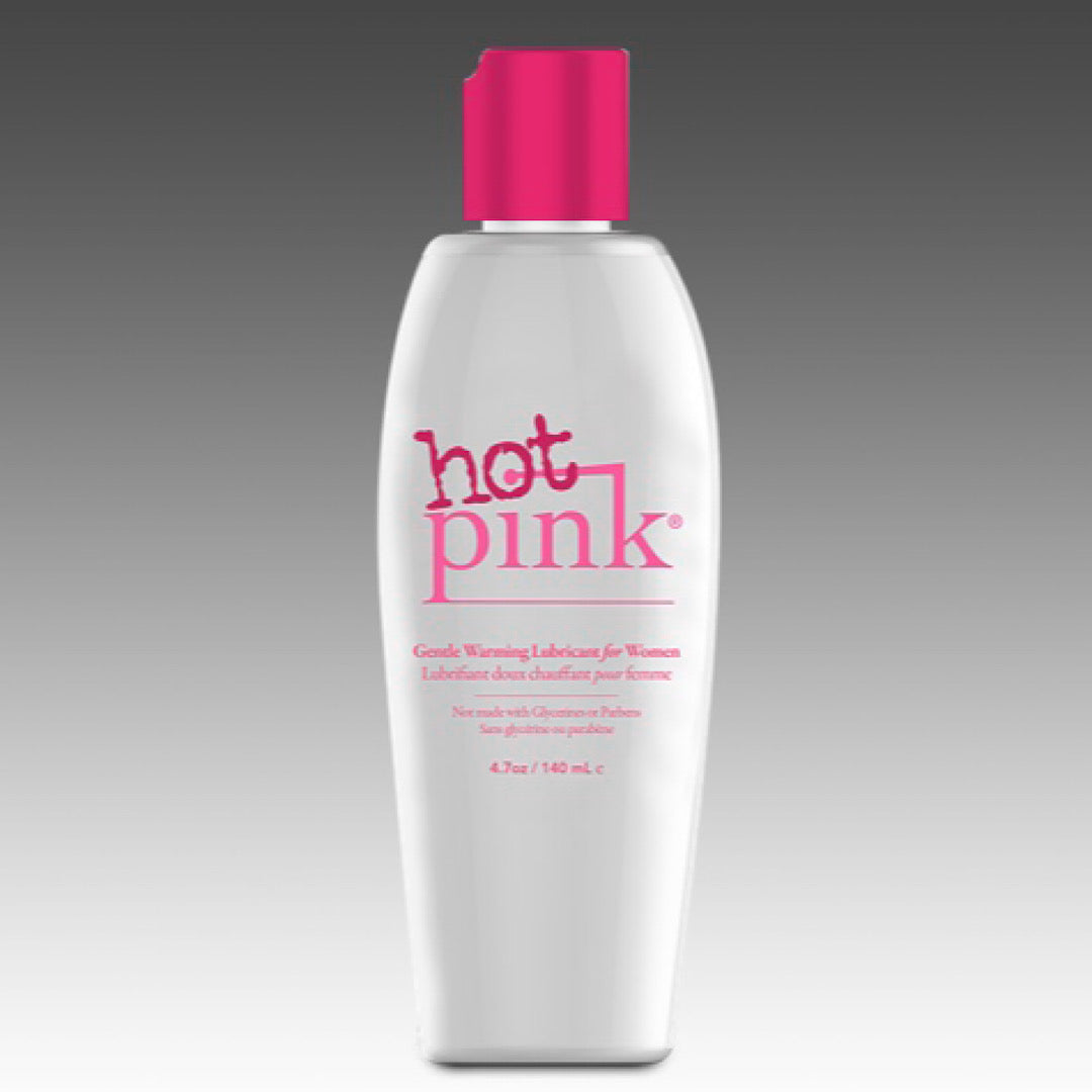 Hot Pink Warming Lubricant for Women 4.7 Oz bottle with pink cap on gray background