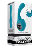 Evolved How Many Licks Silicone Vibrator Blue packaging showcasing dual-action pleasure features.