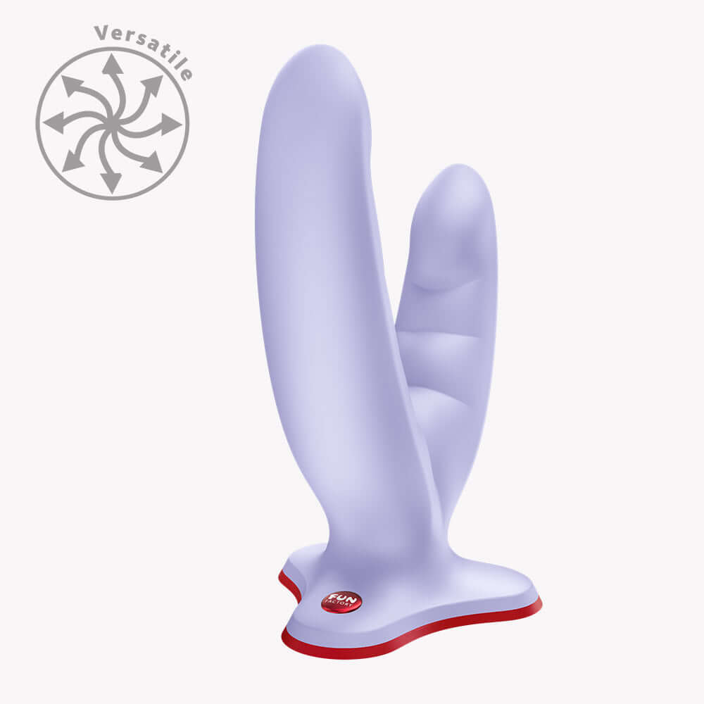 Fun Factory Ryde Dual Stimulation Dildo Purple displaying ergonomic U-shaped design for versatile pleasure.