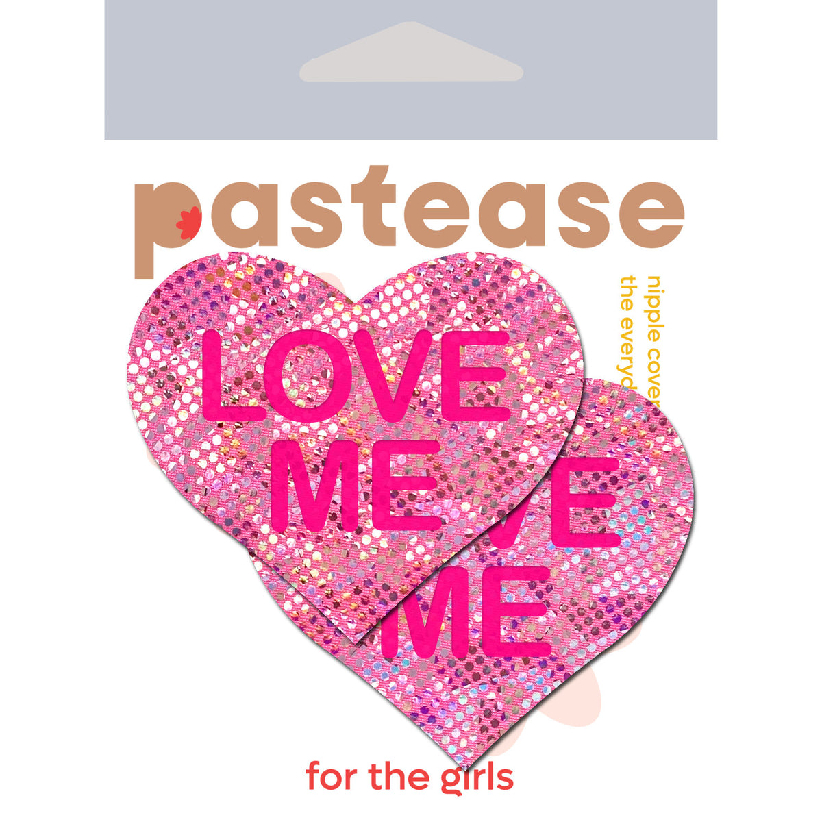 Pastease Love Me Heart Pink Nipple Pasties in heart shapes with bright lettering on a packaging background.