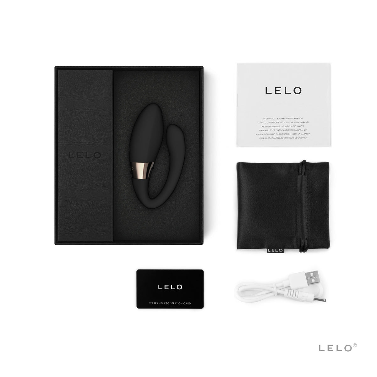 Lelo Tiani Harmony App Connected Couples Vibrator Black in its elegant packaging with accessories.