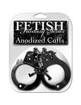 Fetish Fantasy Series Anodized Metal Cuffs Black packaged with a sleek black design for versatile restraint play.
