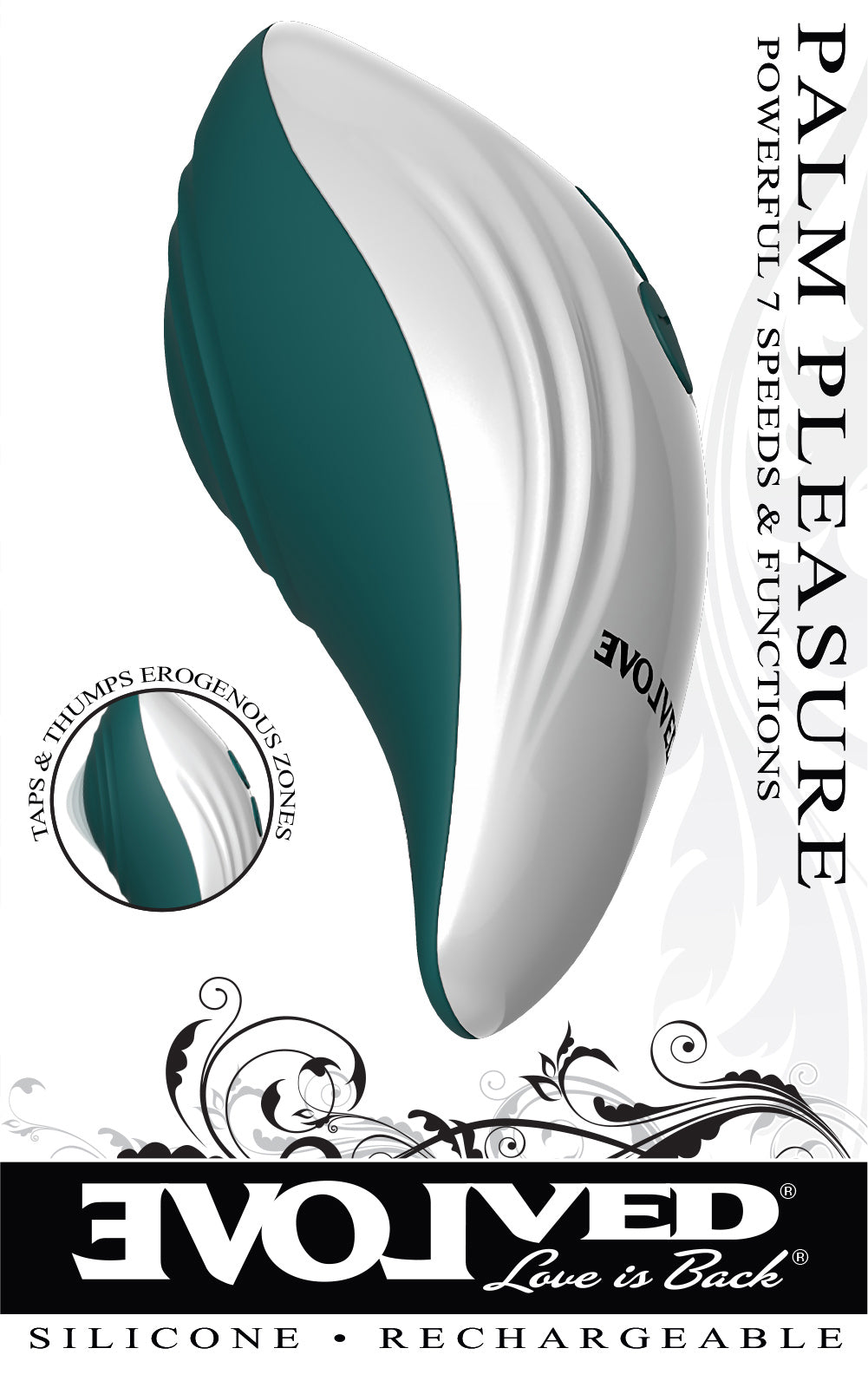 Evolved Palm Pleasure Teal Rechargeable Vibrator showcasing its smooth oval design and powerful 7-speed motor.