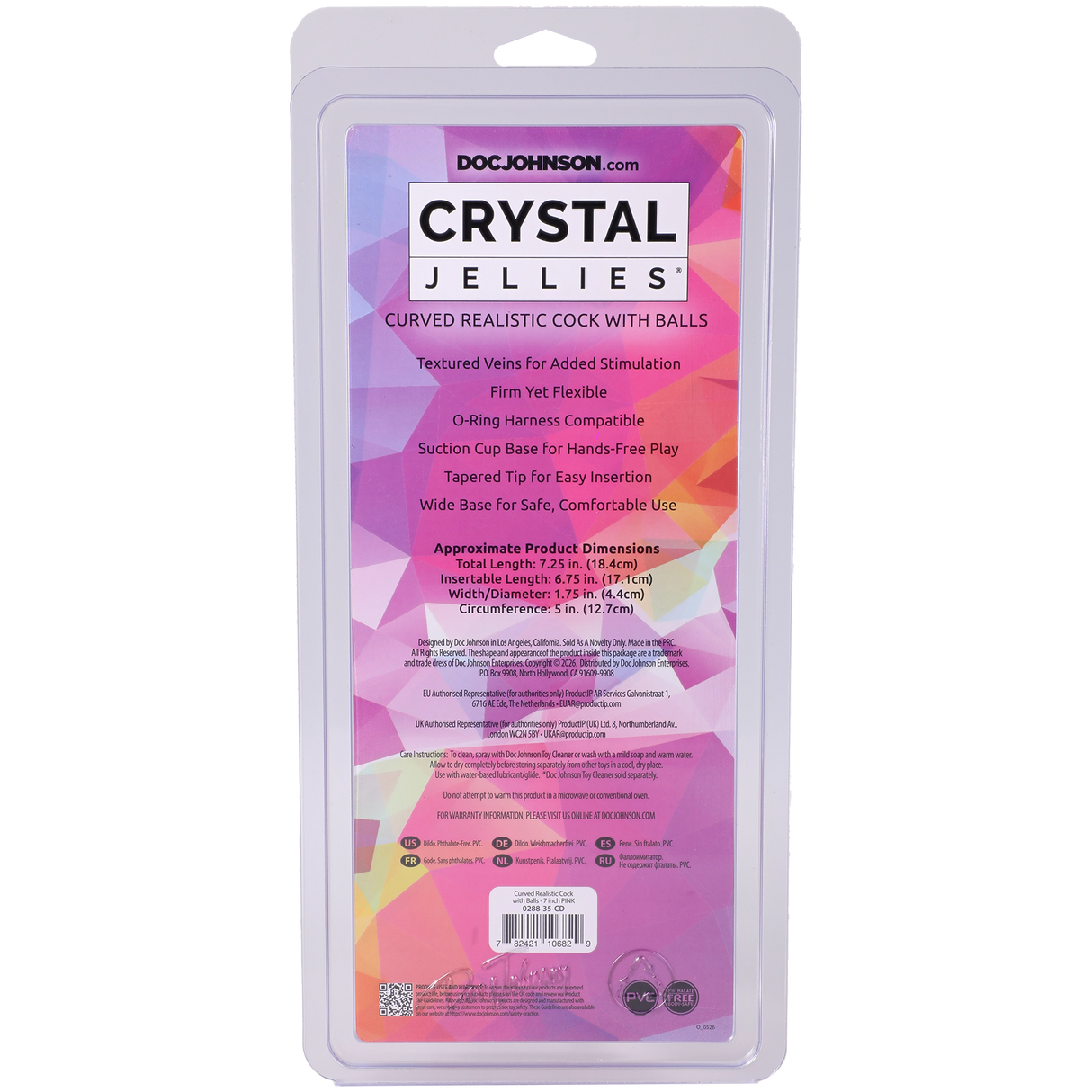Crystal Jellies Curved Realistic Cock With Balls 7 Inch Pink packaging with dimensions and product features.