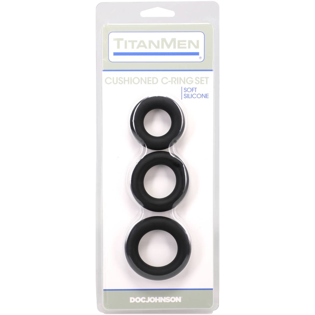 Titanmen Cushioned C-Ring 3 Piece Silicone Set Black on packaging featuring three graduated silicone rings.