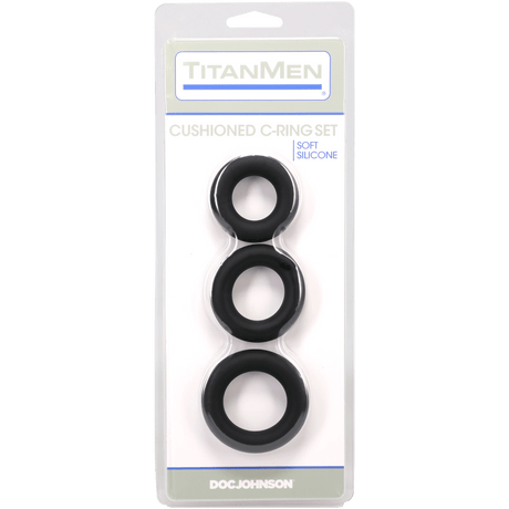 Titanmen Cushioned C-Ring 3 Piece Silicone Set Black on packaging featuring three graduated silicone rings.