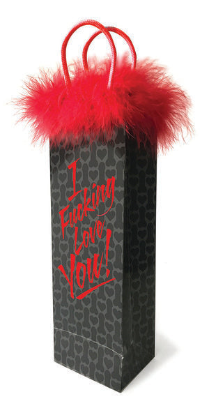 I F*cking Love You Wine Gift Bag Red Feathers with red feather trim and elegant handles.