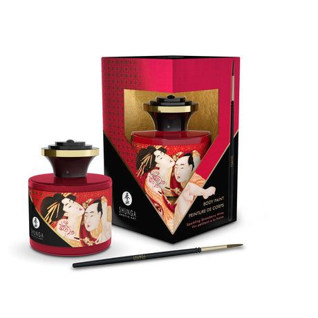 Shunga Edible Body Paint Sparkling Strawberry Wine in an elegant glass container with a brush for intimate fun.
