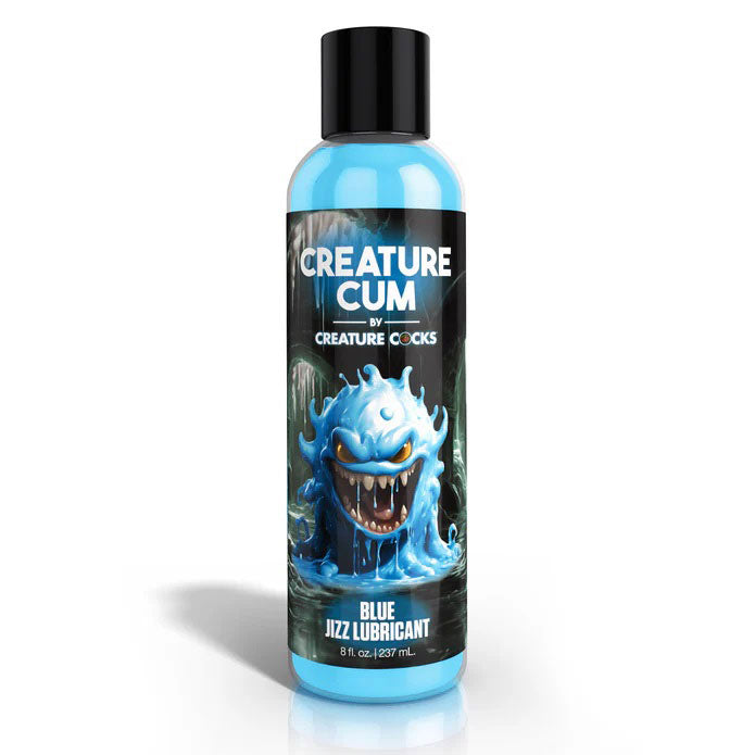 Creature Cum Blue Jizz Water-Based Lubricant 8 Oz bottle with whimsical creature design and blue color.
