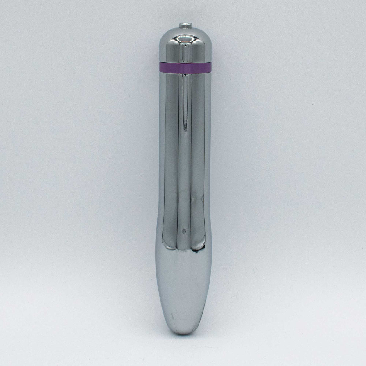 Like A Kitten Fly Me to the Moon Metal Vibrator in sleek, shiny aluminum alloy finish with purple detailing.