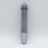 Like A Kitten Fly Me to the Moon Metal Vibrator in sleek, shiny aluminum alloy finish with purple detailing.