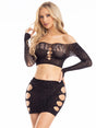 Savage Lingerie Rhinestone Skirt Set Black worn by a model, showcasing off-shoulder top and mini skirt with rhinestone details.
