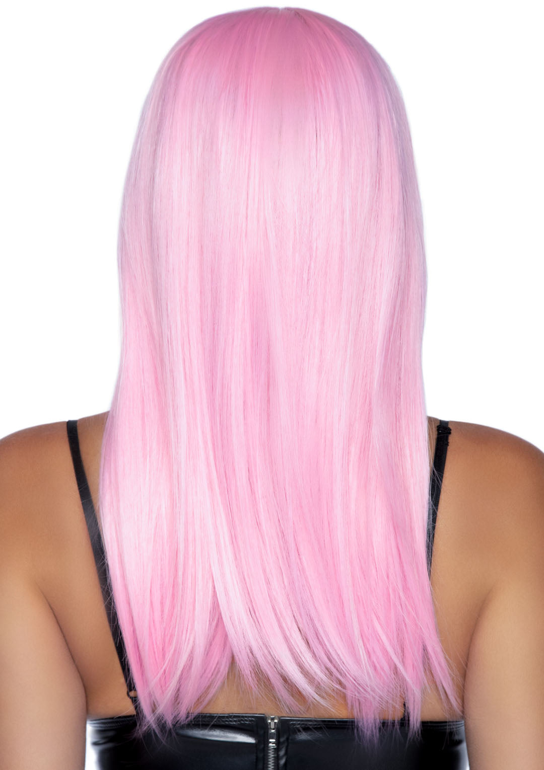 Leg Avenue 24 Inch Long Straight Bang Wig Pink displayed from the back, showcasing long, silky, pastel pink hair.