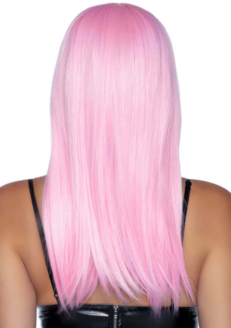 Leg Avenue 24 Inch Long Straight Bang Wig Pink displayed from the back, showcasing long, silky, pastel pink hair.