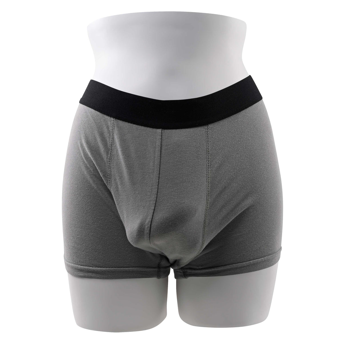 Gender X 4 Inch TPE Packer Dildo Vanilla shown with supportive gray packer shorts on a mannequin.