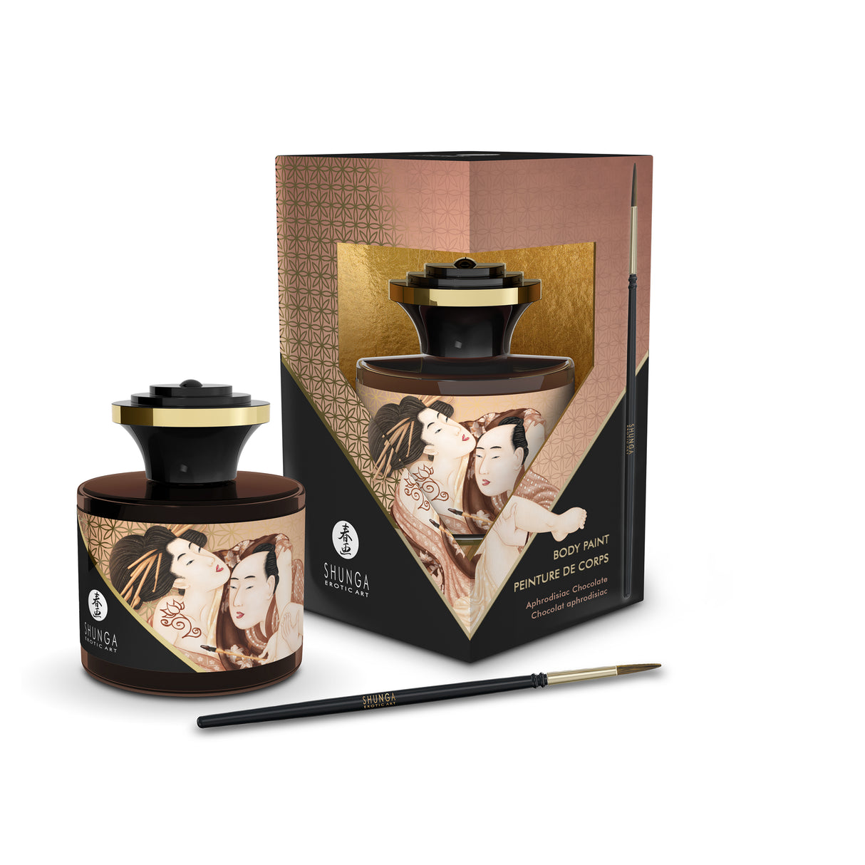 Shunga Edible Body Paint Aphrodisiac Chocolate in a decorative bottle with brush for sensual experiences.