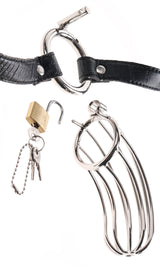 Fetish Fantasy Extreme The Prisoner Steel Cock Cage Silver components including a steel cage, lock, and leather strap.