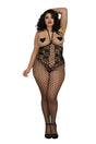 Dreamgirl Open Cup Bodystocking Queen Size Black featuring a seductive knitted-lace design and sheer fishnet legs.