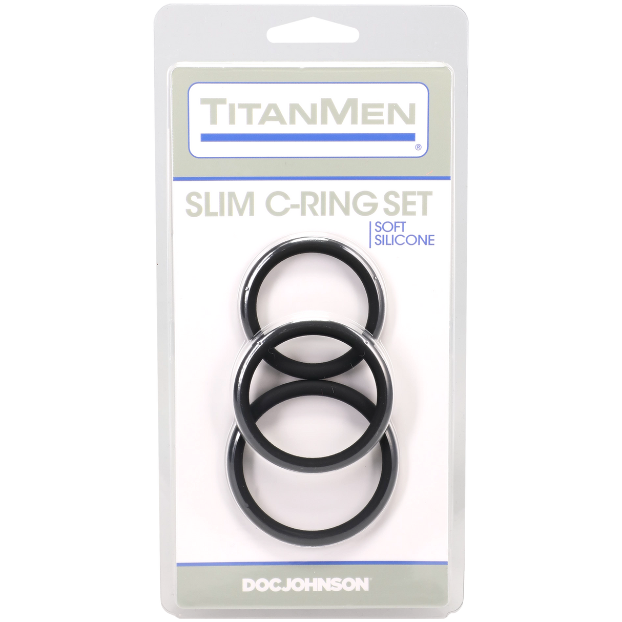 Titanmen Slim C-Ring 3 Piece Silicone Set Black featuring three soft silicone rings for customizable fit and enhanced performance.