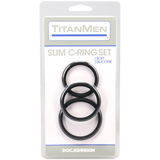 Titanmen Slim C-Ring 3 Piece Silicone Set Black featuring three soft silicone rings for customizable fit and enhanced performance.