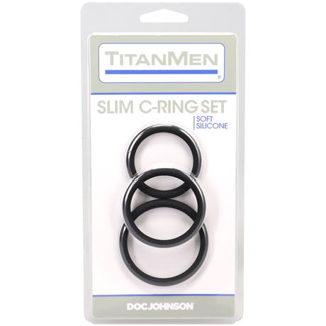 Titanmen Slim C-Ring 3 Piece Silicone Set Black featuring three soft silicone rings for customizable fit and enhanced performance.