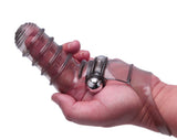 Vibro Finger Wearable Stimulator Grey in a hand, featuring ribbed texture for dual-finger penetration and stimulation.