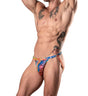 Your Lace Or Mine Jock Multi Color L XL model showcasing a bold, colorful jockstrap with tattoos.