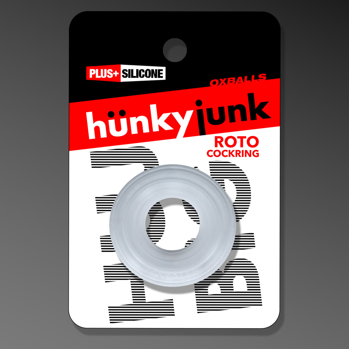Oxballs Roto Grooved Gripper-Ribbed Cockring Clear Steam packaging featuring hunky junk branding.