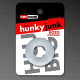 Oxballs Roto Grooved Gripper-Ribbed Cockring Clear Steam packaging featuring hunky junk branding.