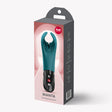 Fun Factory Manta Vibrating Masturbator Bottle Green in packaging showcasing design and features.