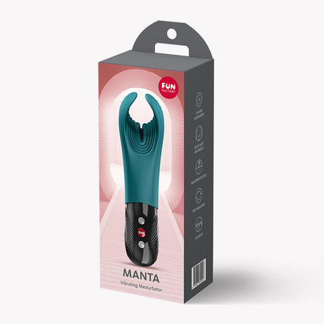 Fun Factory Manta Vibrating Stroker Green packaged product image, showcasing ergonomic design and features.