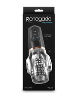 Renegade Avenger Rechargeable Mouth Stroker Black packaging featuring vibration and suction settings for enhanced pleasure.