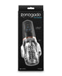Renegade Avenger Rechargeable Mouth Stroker Black packaging featuring vibration and suction settings for enhanced pleasure.