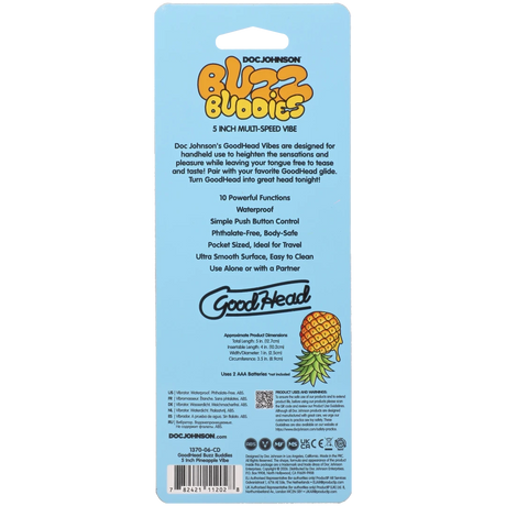 Goodhead Buzz Buddies 5 Inch Multi-Speed Vibe Pineapple back packaging showcasing features and design details.
