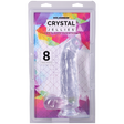 Crystal Jellies Curved Realistic Cock With Balls 8 Inch Clear in packaging with vibrant background.