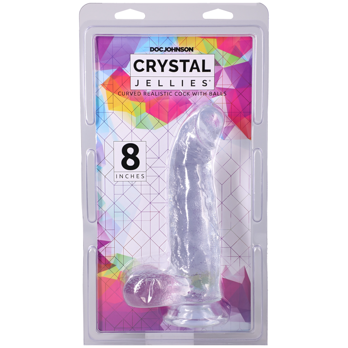Crystal Jellies Curved Realistic Cock With Balls 8 Inch Clear in packaging with vibrant background.