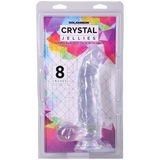 Crystal Jellies Curved Realistic Cock With Balls 8 Inch Clear in packaging with vibrant background.