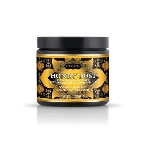 Kama Sutra Honey Dust Coconut Pineapple 6 Oz body powder container with tropical design and rich colors.