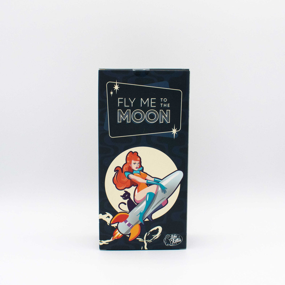 Like A Kitten Fly Me to the Moon Metal Vibrator packaging featuring a retro rocket design.