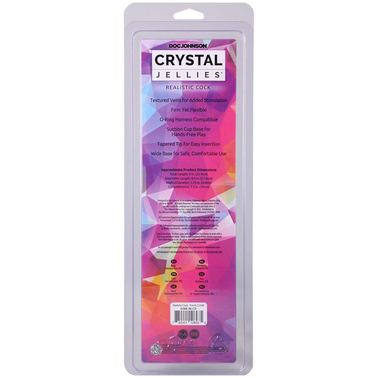 Crystal Jellies Realistic Cock 9 Inch Clear product packaging with colorful design and product details.