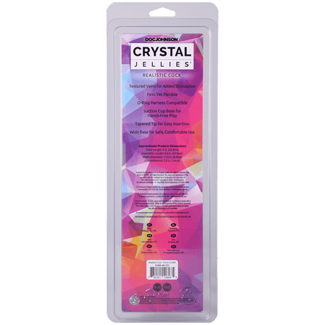 Crystal Jellies Realistic Cock 9 Inch Clear product packaging with colorful design and product details.