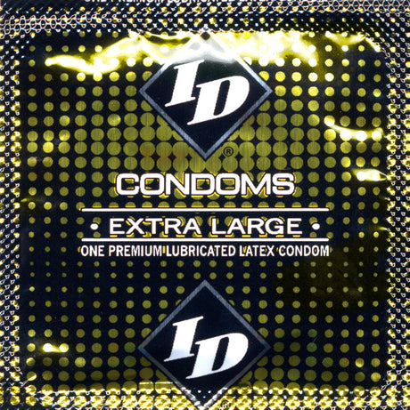ID Condoms Extra Large 144 Count Bulk Bag - Extra-large premium lubricated latex condom packaging.