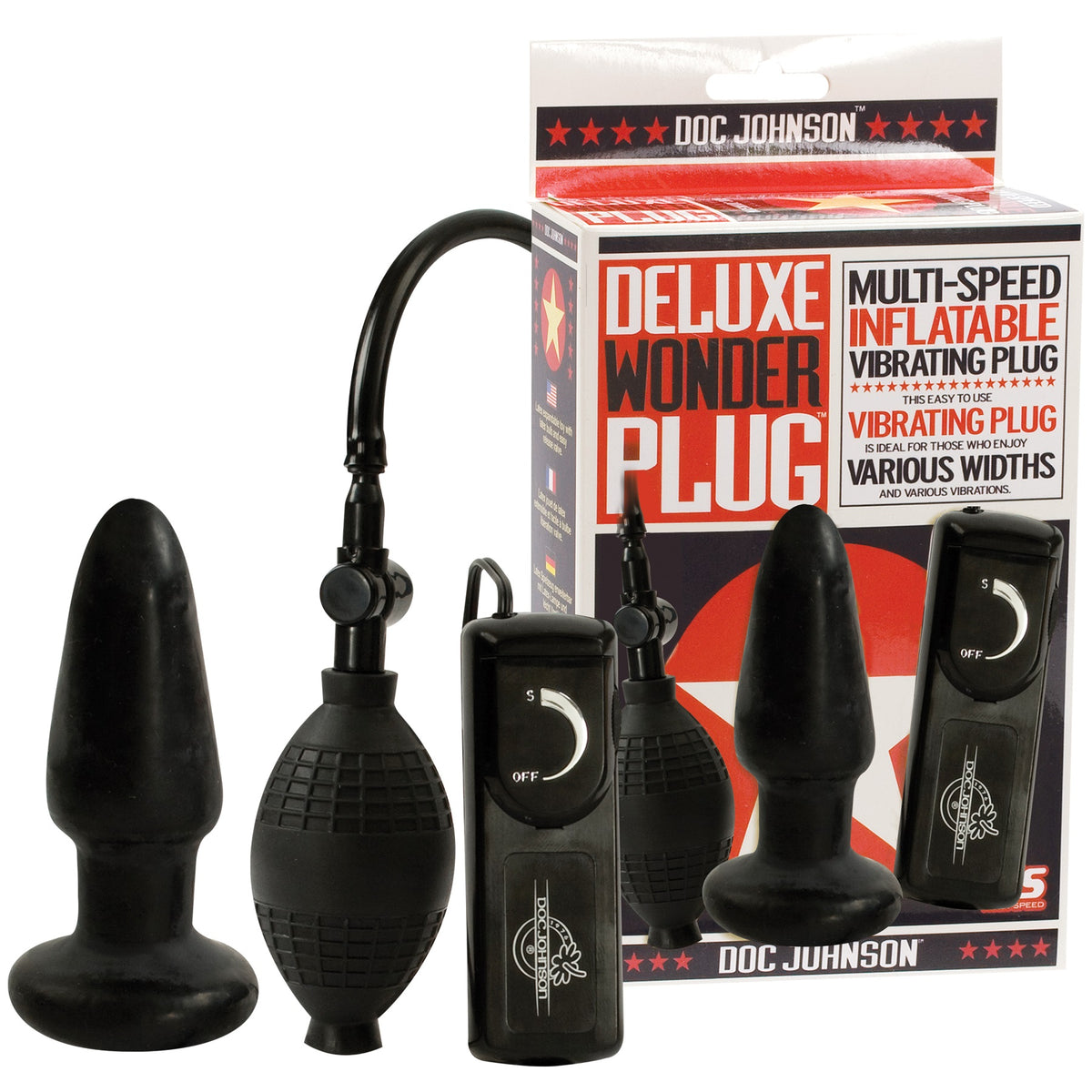 Doc Johnson Deluxe Wonder Plug Inflatable Vibrating Black with control mechanisms and packaging displayed.