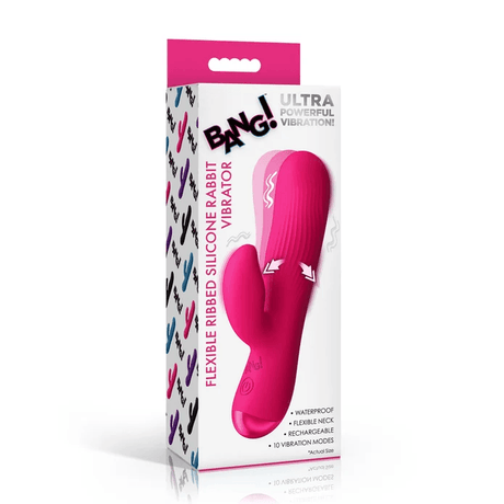 Bang Ribbed Silicone Rabbit Vibrator Pink in sleek packaging showcasing its features and design.