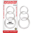 Enhancer Silicone Cock Rings Set Clear featuring three silicone rings for firmer erections, packaged for comfort and durability.